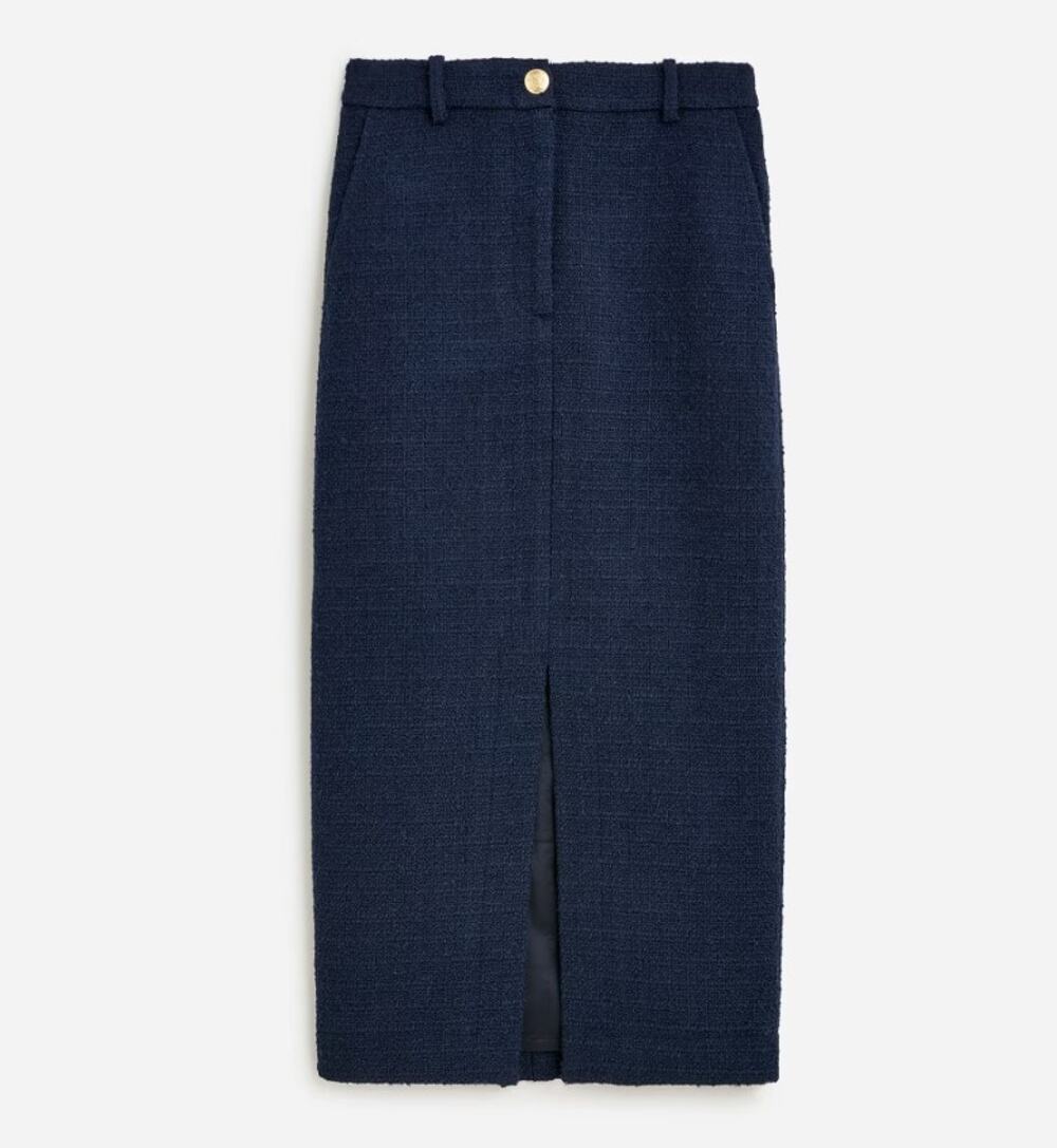 J CREW dark navy blue wool blend tweed Maritime midi pencil front slit skirt